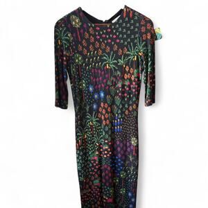 Farm Rio Fruit Garden Jersey Bodycon Midi Dress Black Multicolor Size Small